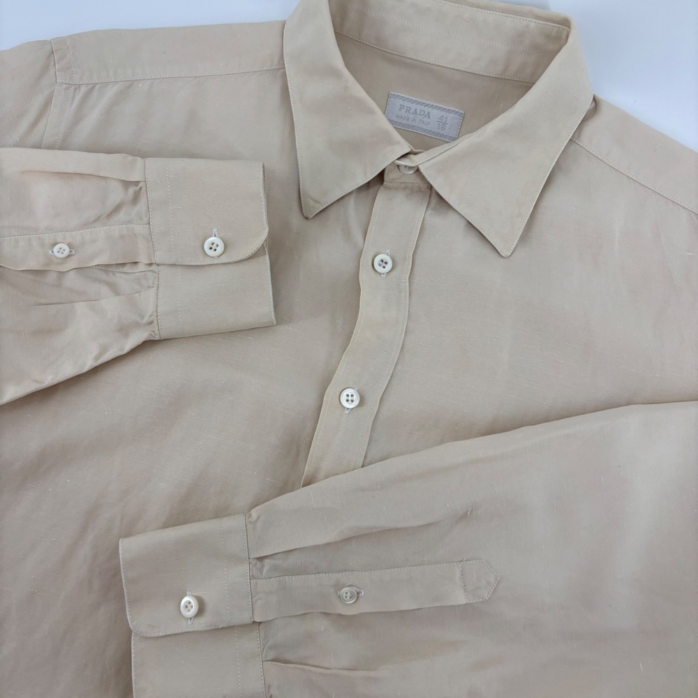 Prada Button Up Shirt Mens 41/16 Beige Silk Linen Blend Made in Italy Luxury